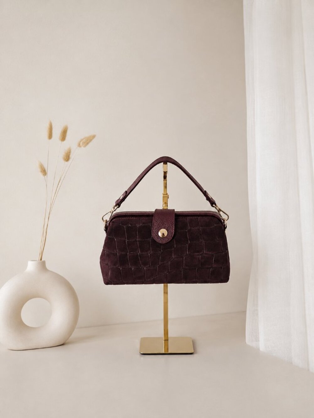Burgundy Italian Suede Crossbody Bag, Croc Embossed Leather Purse, Made in Italy